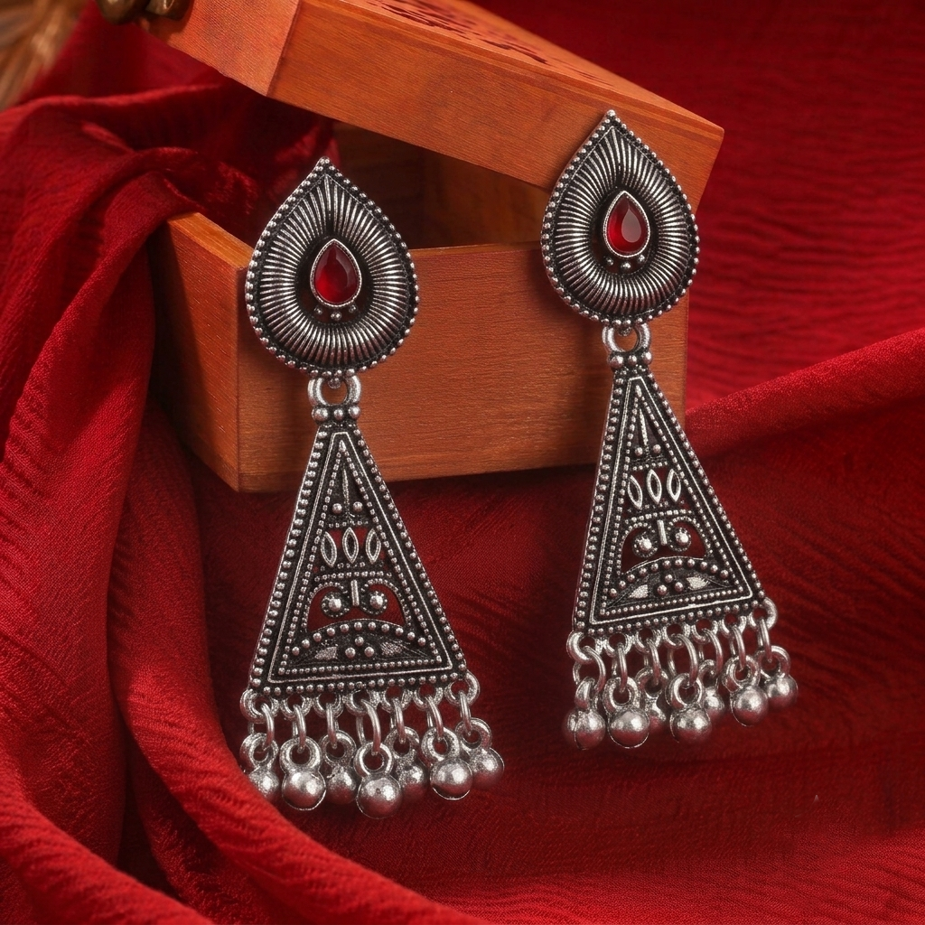 Oxidised Silver Triangle Drop Earrings with Red Stone Traditional Boho Jhumka for Women