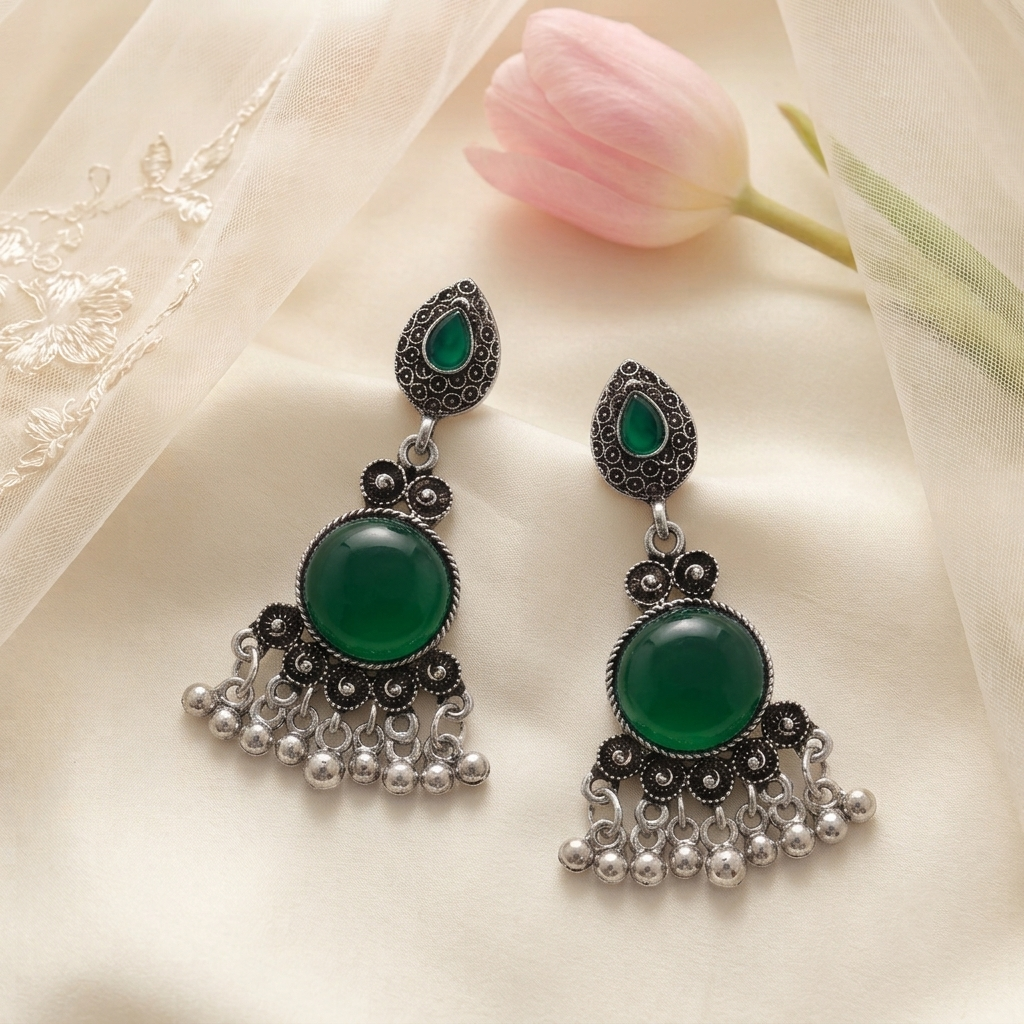 Oxidised Silver Drop Earrings with Green Stone Traditional Boho Jhumka