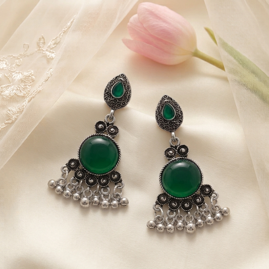 Oxidised Silver Drop Earrings with Green Stone Traditional Boho Jhumka