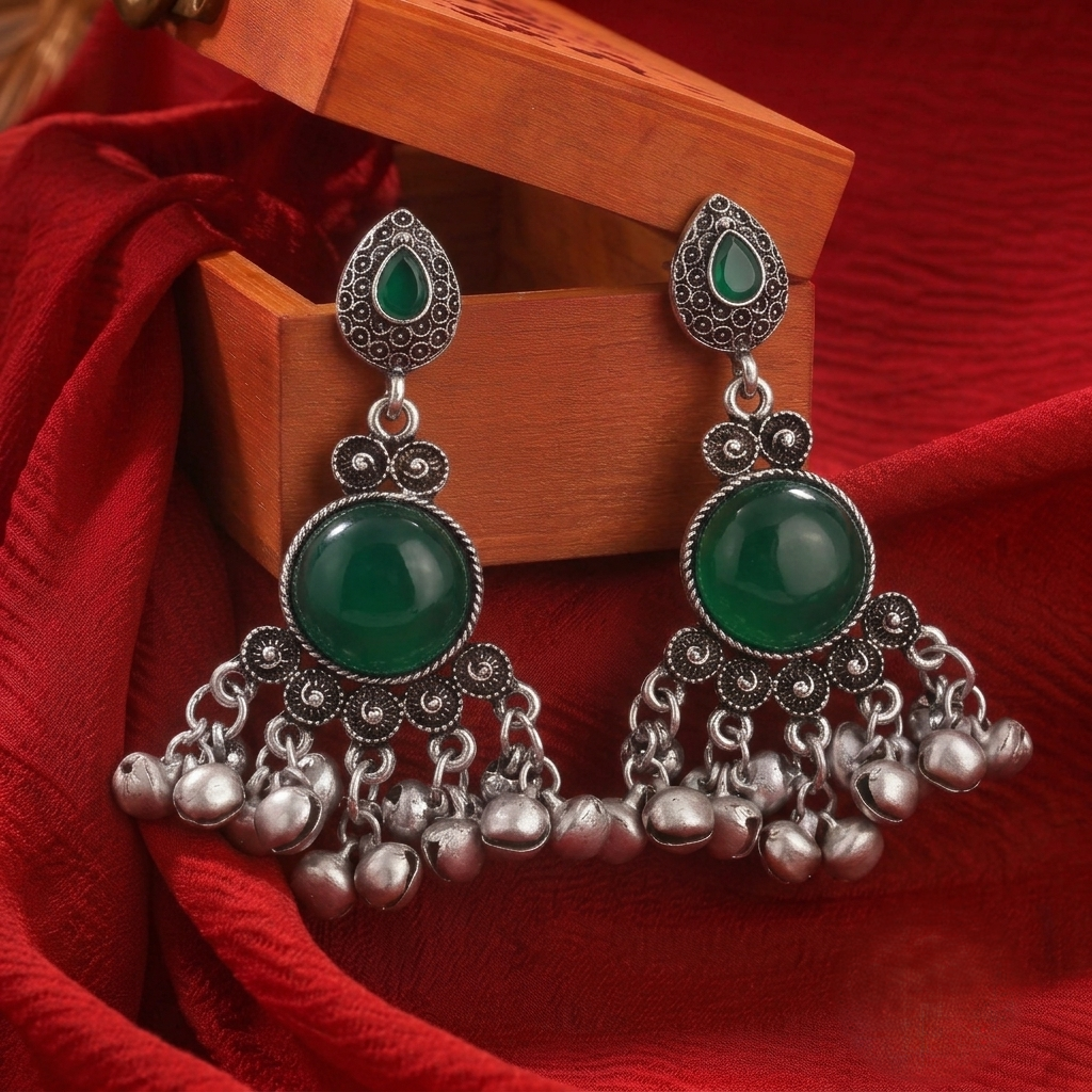 Oxidised Silver Drop Earrings with Green Stone Traditional Boho Jhumka