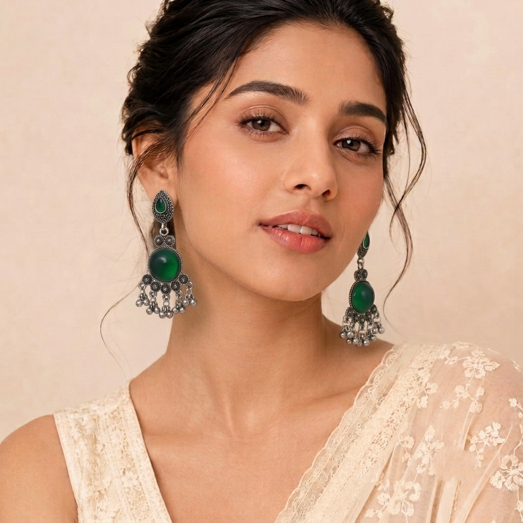 Oxidised Silver Drop Earrings with Green Stone Traditional Boho Jhumka