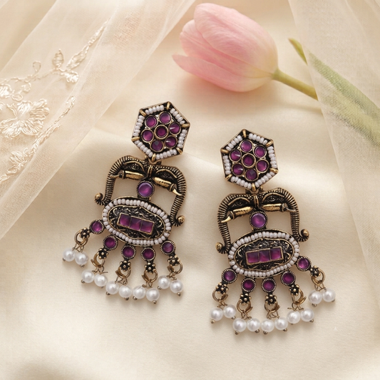 Antique Gold Elephant Motif Earrings with Pearls Traditional Temple Drop Jhumka
