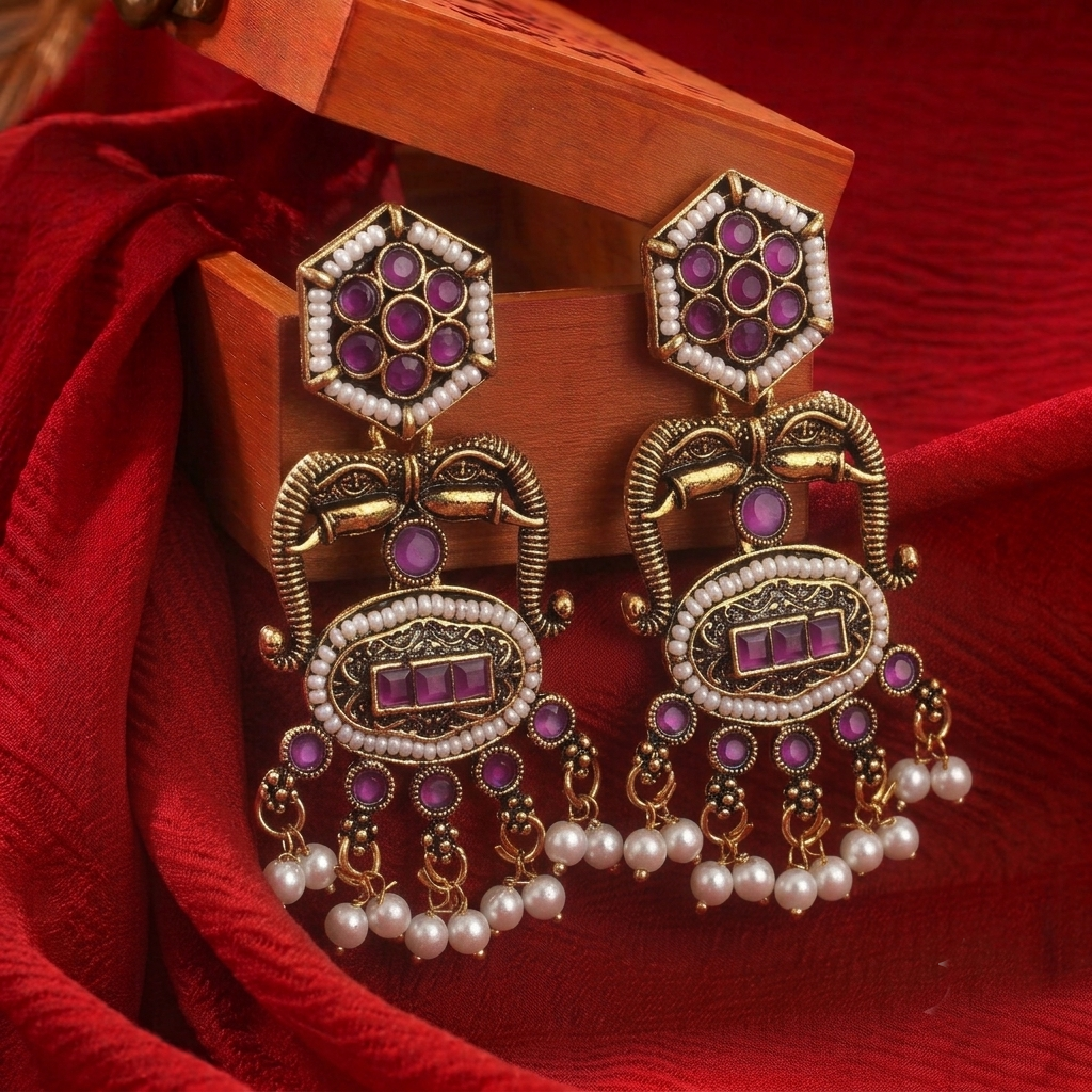 Antique Gold Elephant Motif Earrings with Pearls Traditional Temple Drop Jhumka