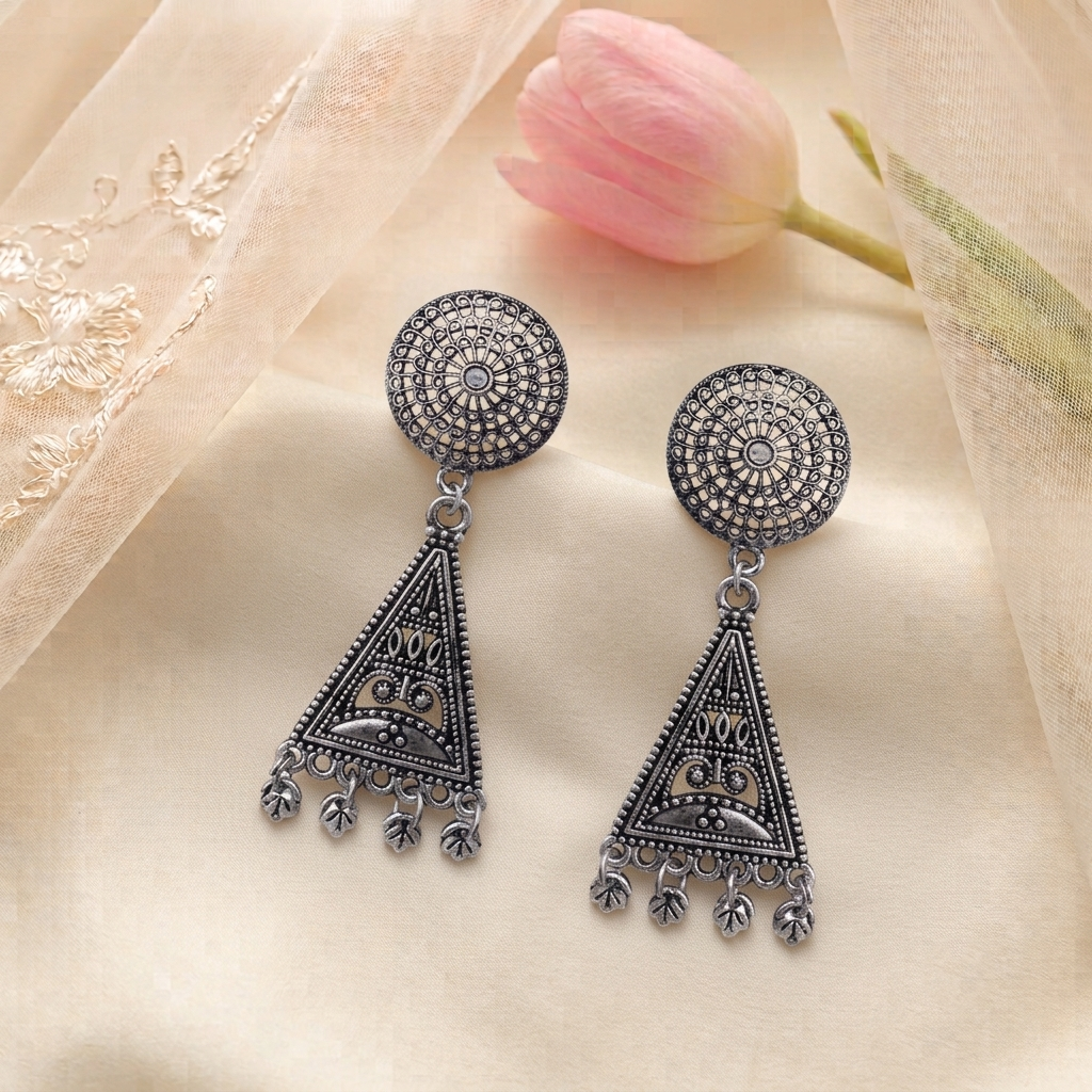 Oxidised Silver Round Filigree Earrings Geometric Triangle Drop Hanging Jhumka