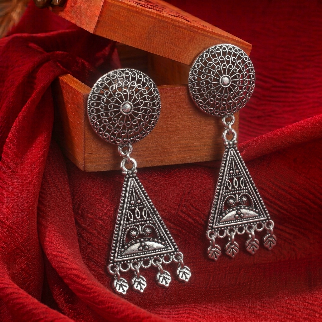 Oxidised Silver Round Filigree Earrings Geometric Triangle Drop Hanging Jhumka