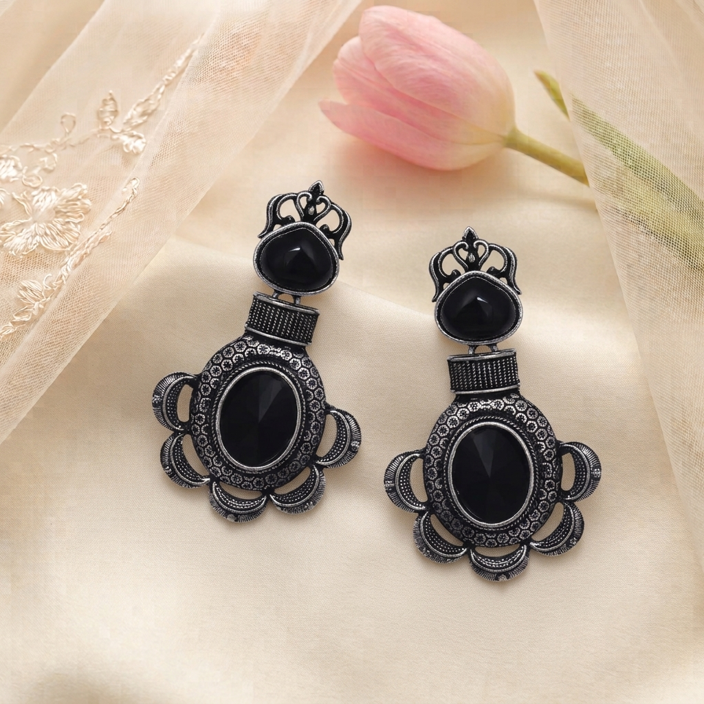 Oxidised Silver Drop Earrings with Black Stone Traditional Boho Crown Motif Hanging Danglers