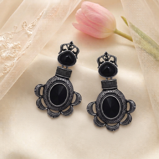 Oxidised Silver Drop Earrings with Black Stone Traditional Boho Crown Motif Hanging Danglers