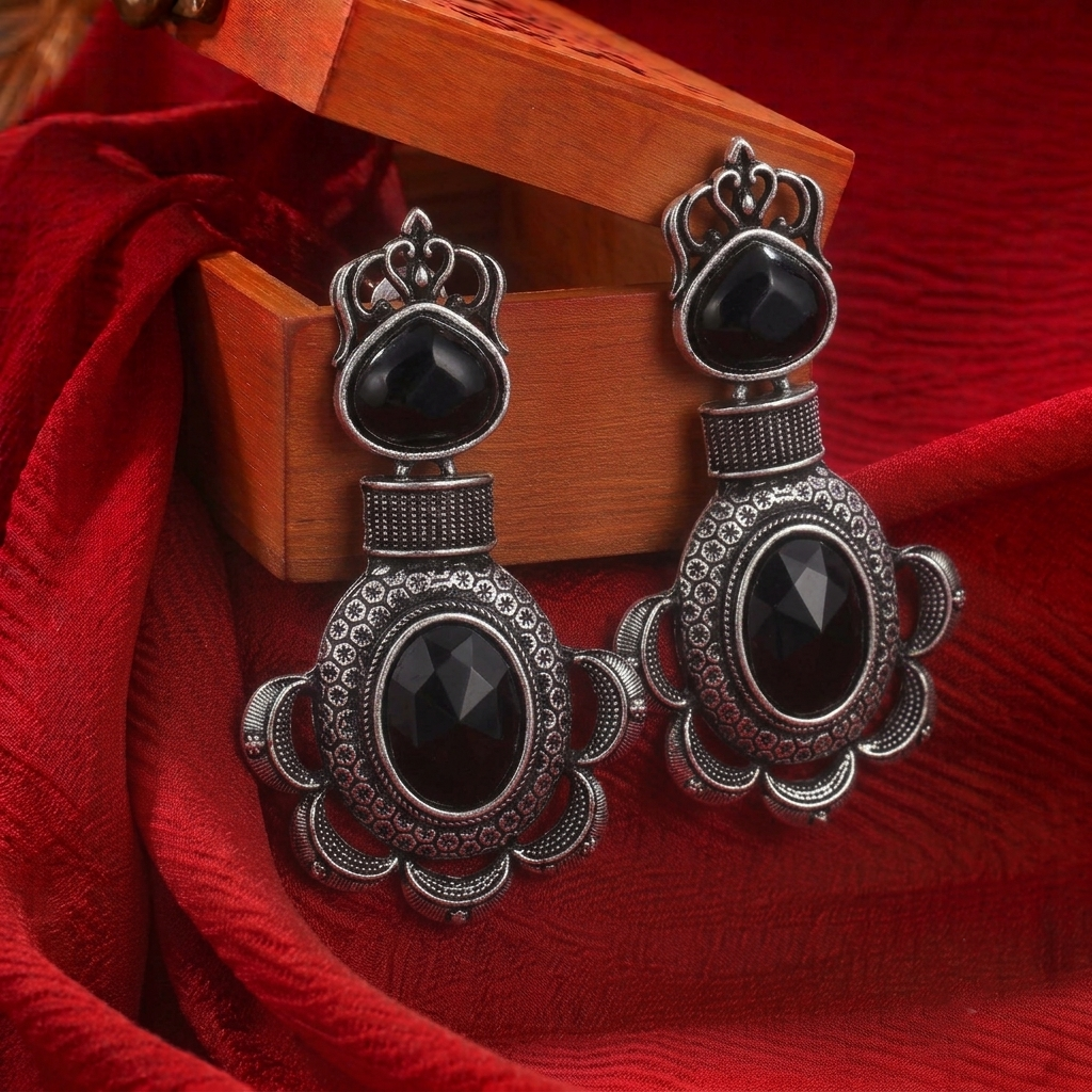 Oxidised Silver Drop Earrings with Black Stone Traditional Boho Crown Motif Hanging Danglers