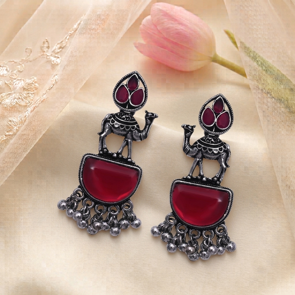 Oxidised Silver Camel Motif Earrings with Red Stone