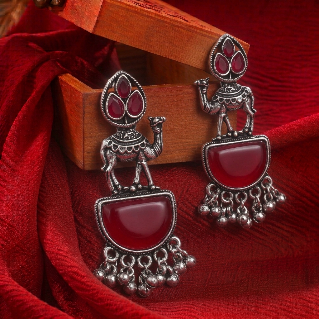 Oxidised Silver Camel Motif Earrings with Red Stone