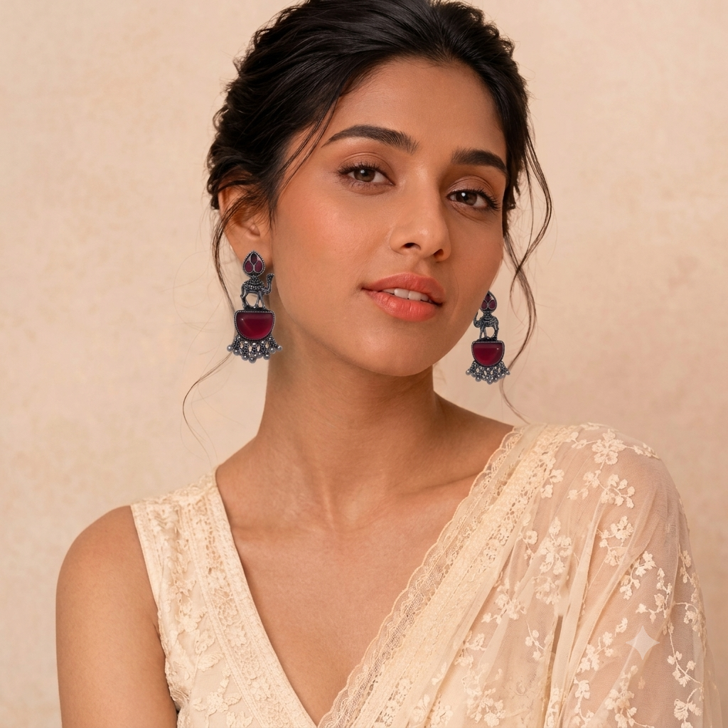 Oxidised Silver Camel Motif Earrings with Red Stone