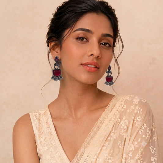Oxidised Silver Camel Motif Earrings with Red Stone