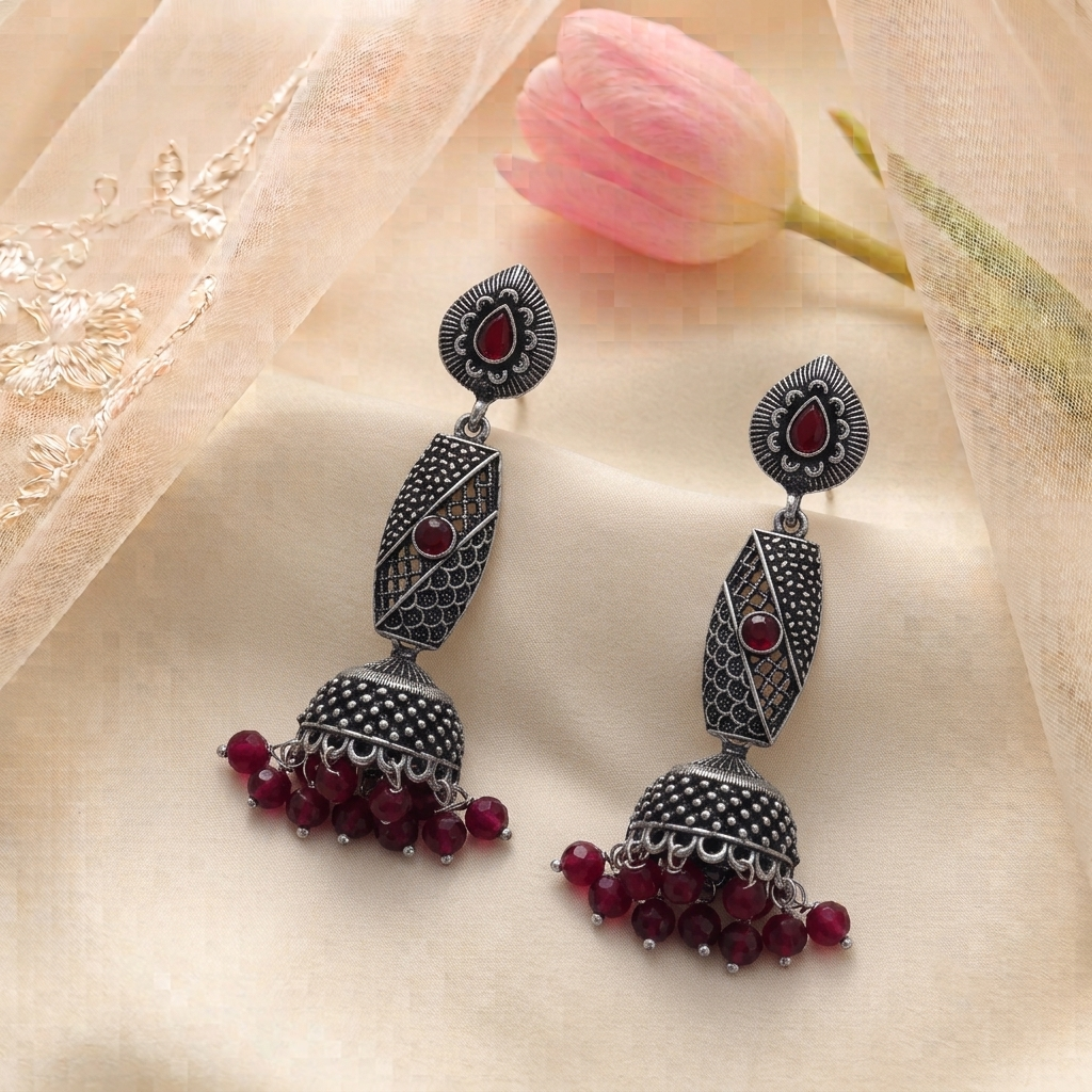 Oxidised Silver long Jhumka Earrings with Red Stones