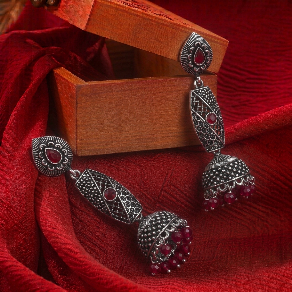 Oxidised Silver long Jhumka Earrings with Red Stones