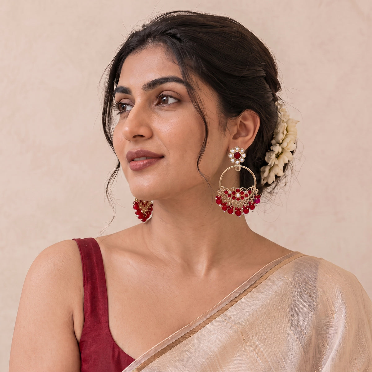 Gold-Plated Red Crystal & Pearl Chandbali Earrings for Women