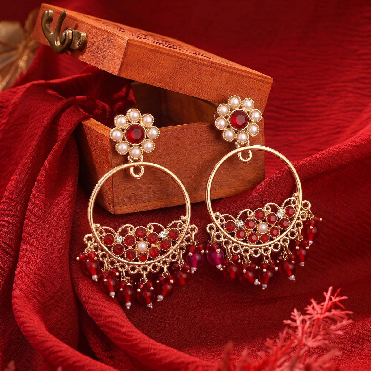 Gold-Plated Red Crystal & Pearl Chandbali Earrings for Women