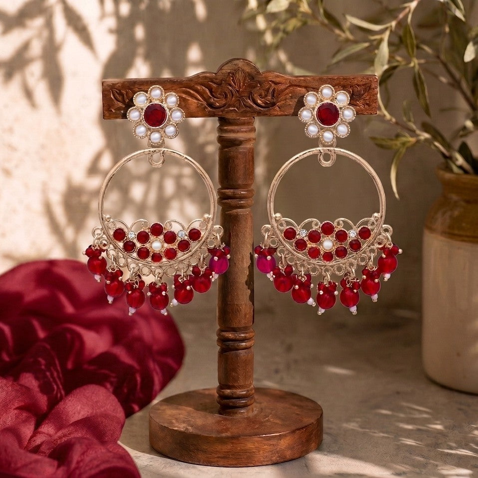 Gold-Plated Red Crystal & Pearl Chandbali Earrings for Women