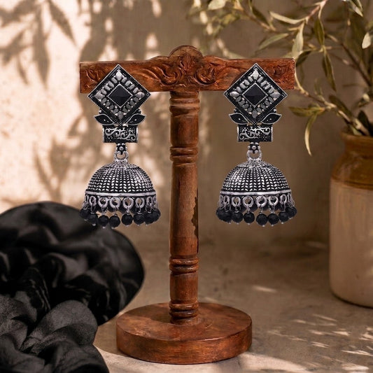 Oxidised Silver Jhumka Earrings with Black Stone