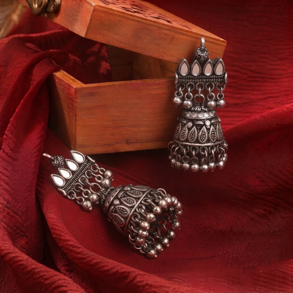 Oxidised Silver Jhumka Earrings with Mirror Work Jhumki for Women