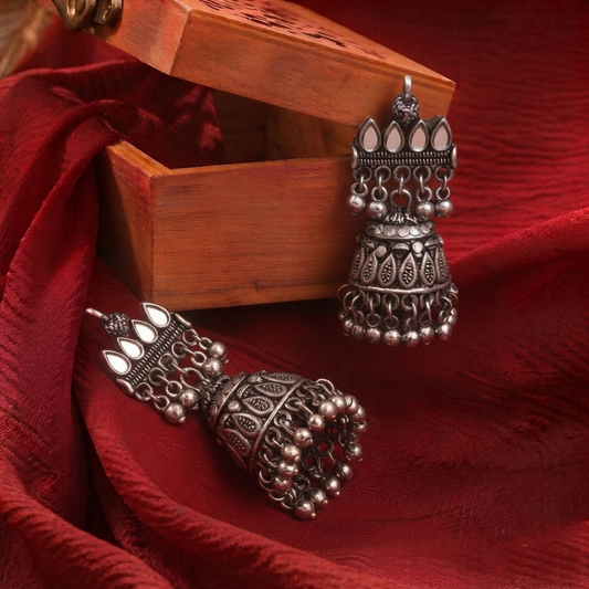 Oxidised Silver Jhumka Earrings with Mirror Work Jhumki for Women