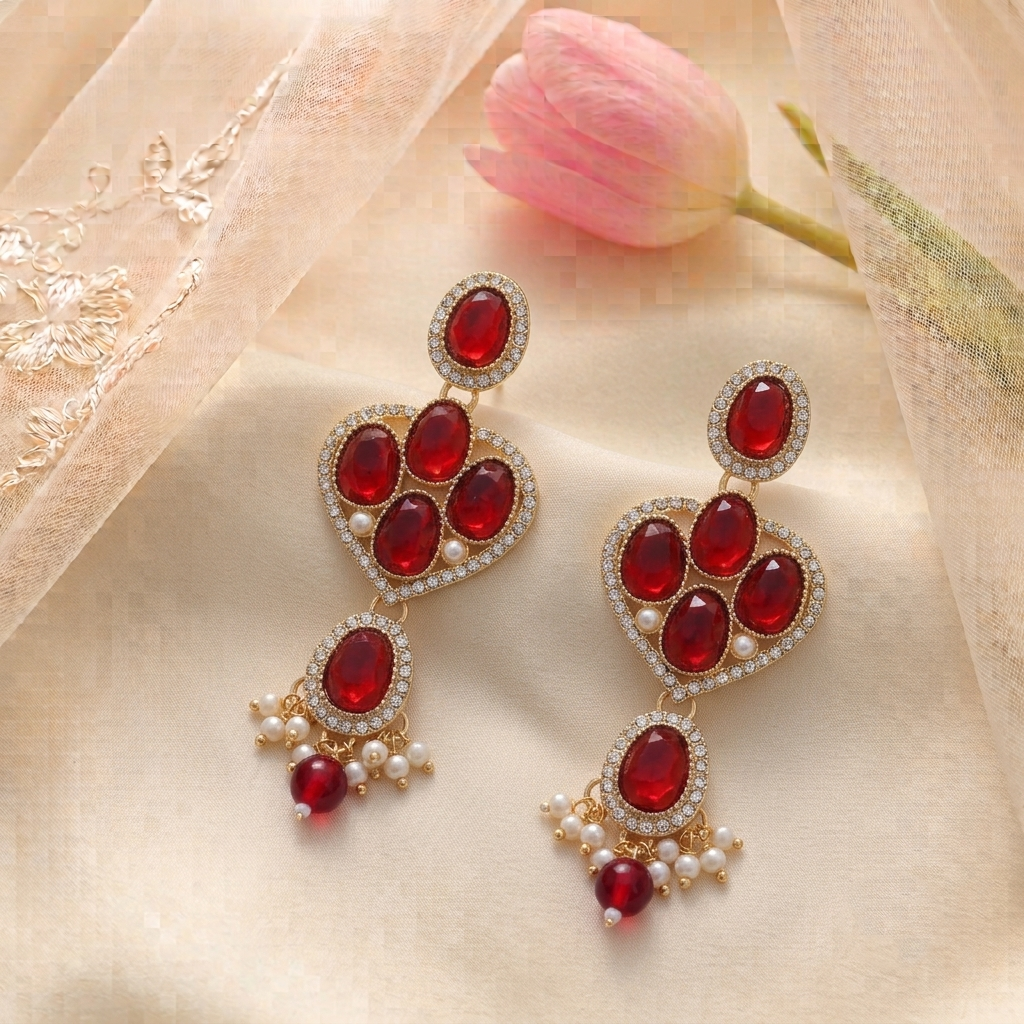 Gold Plated Traditional Kundan Chandelier Earrings with Red Stones