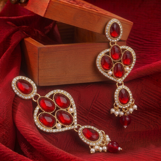 Gold Plated Traditional Kundan Chandelier Earrings with Red Stones