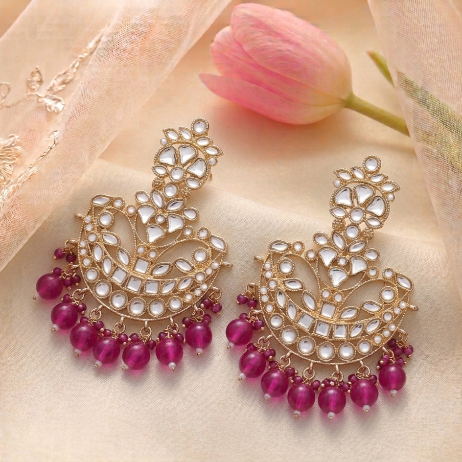 Gold Plated Traditional Kundan Chandbali Earrings with Pink Beads