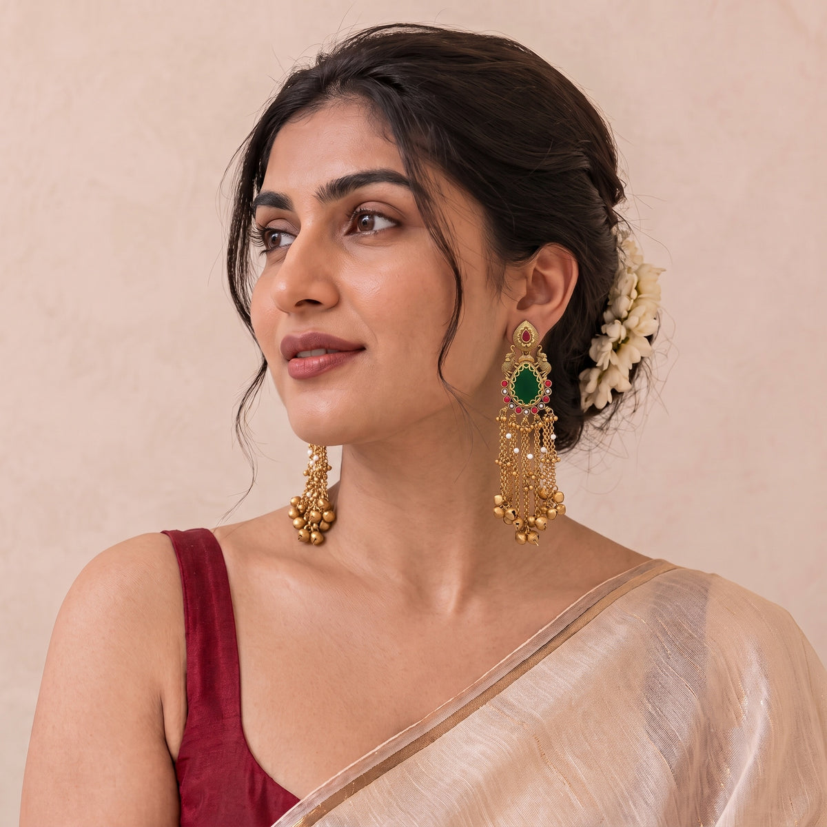 Gold Brass Green Stone Elephant Tassel Earrings