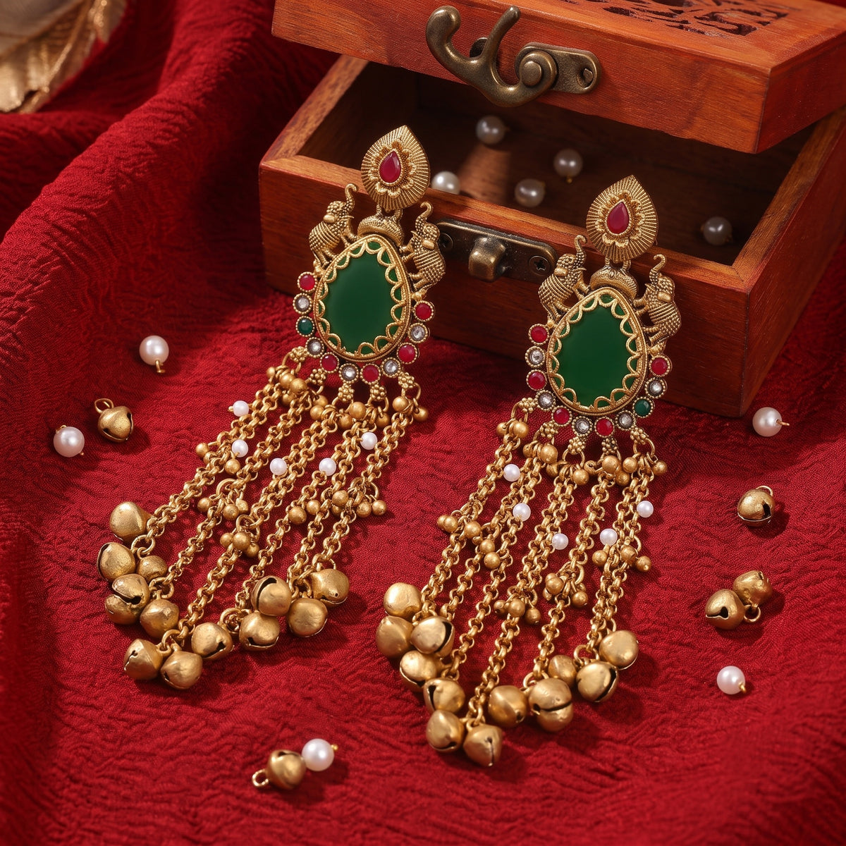 Gold Brass Green Stone Elephant Tassel Earrings