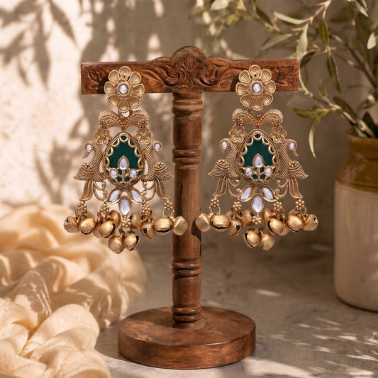 Traditional Temple Chandelier Jhumka Antique Gold Kashmiri Peacock Earrings