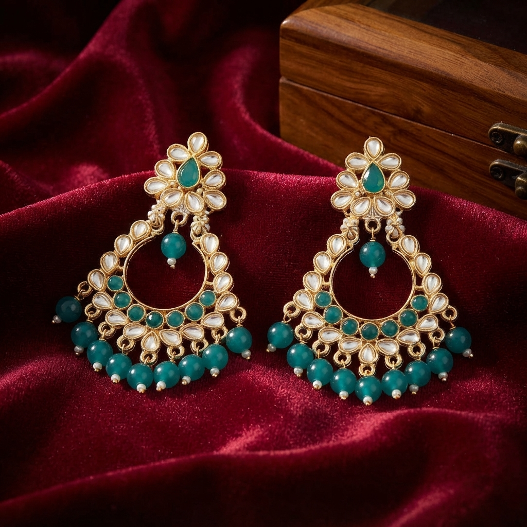 Gold Plated Traditional Wedding Kundan Chandbali Earrings with Teal Beads