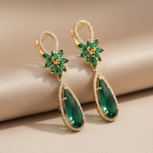 Exquisite Emerald Green CZ Petal Drop Earrings