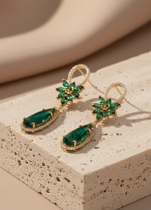 Exquisite Emerald Green CZ Petal Drop Earrings By 2wist Designs