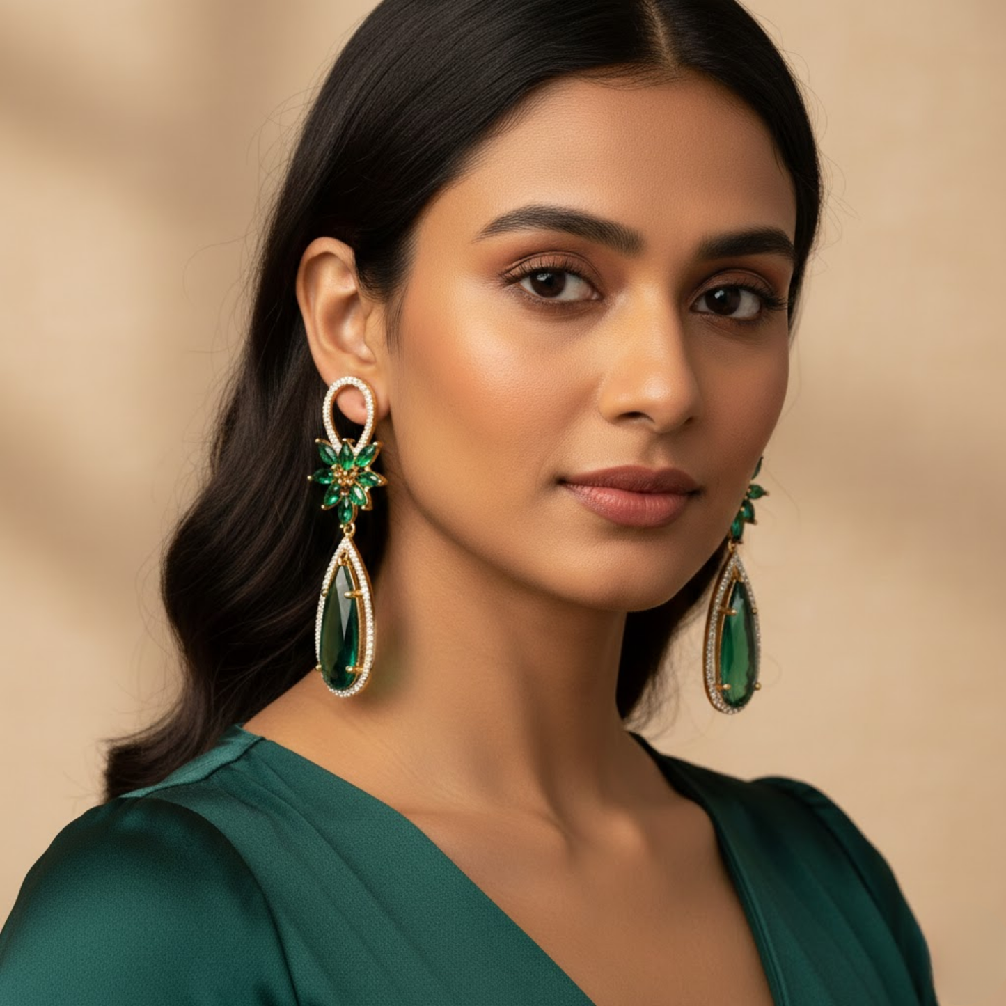 Exquisite Emerald Green CZ Petal Drop Earrings