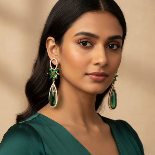 Exquisite Emerald Green CZ Petal Drop Earrings