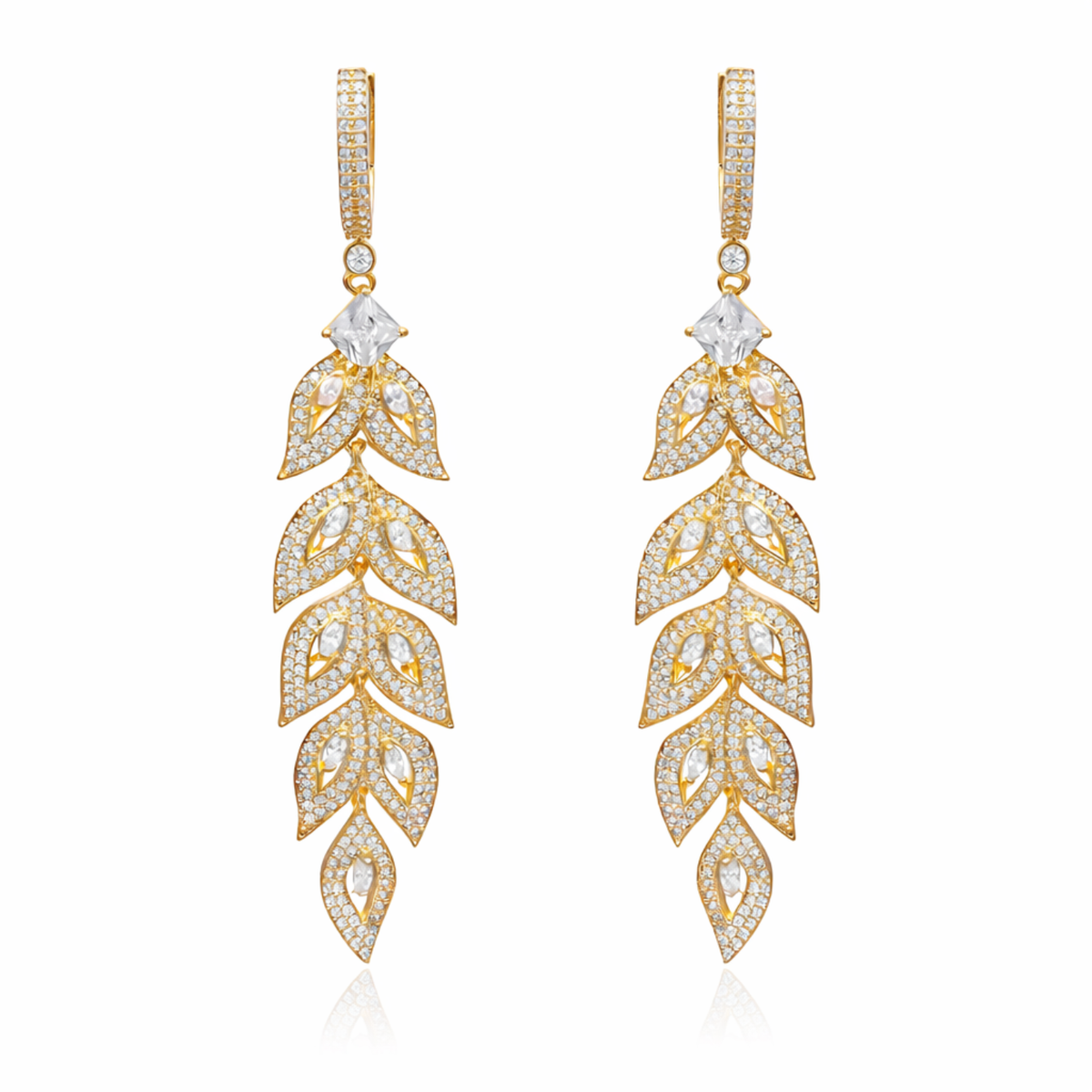 Gold Plated Brass Long Leaf Drop Earrings with Clear Micro Pavé Crystals