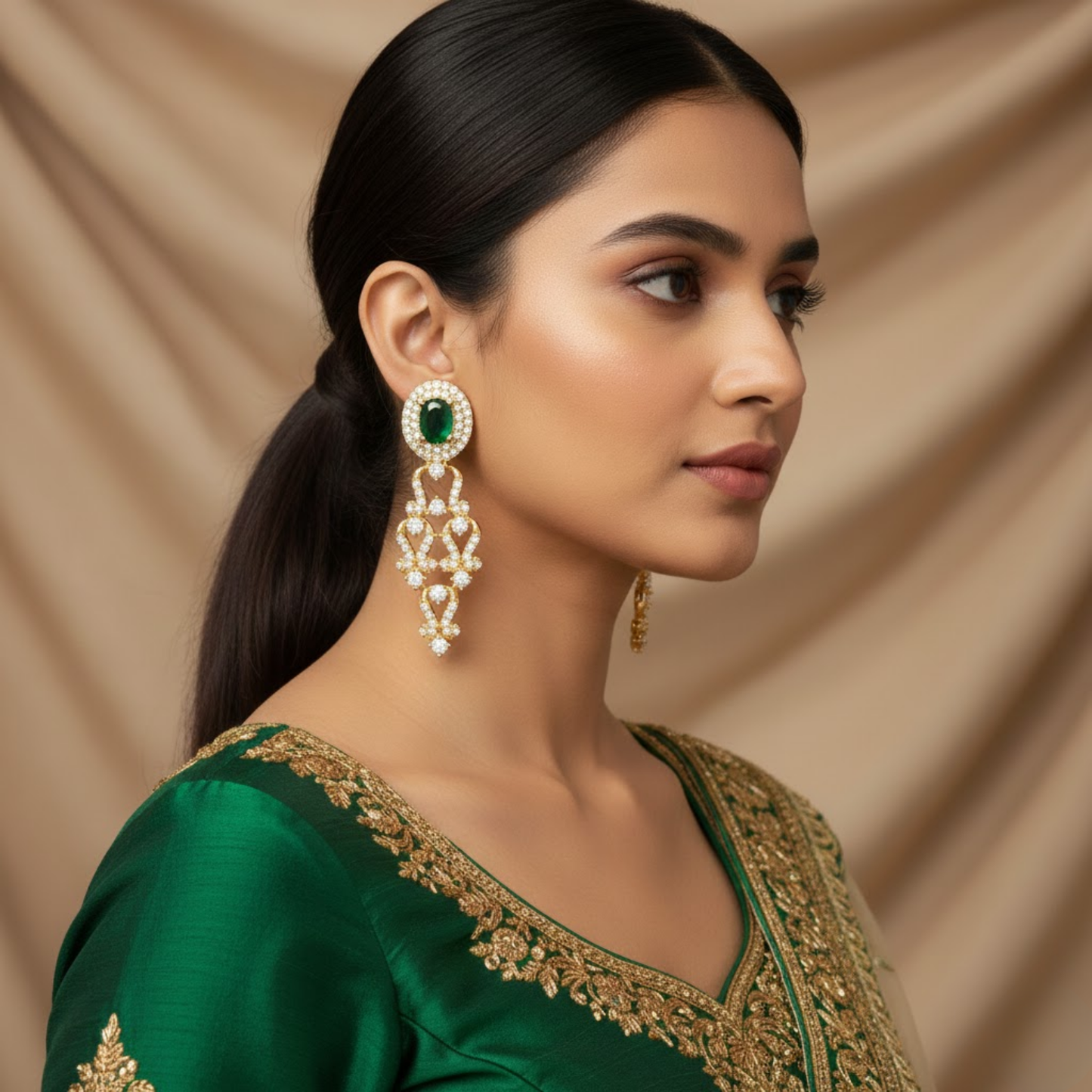 Dual Layer Emerald Color Rani Haar Necklace Set
