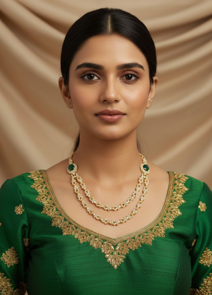 Dual Layer Emerald Color Rani Haar Necklace Set By 2wist Designs