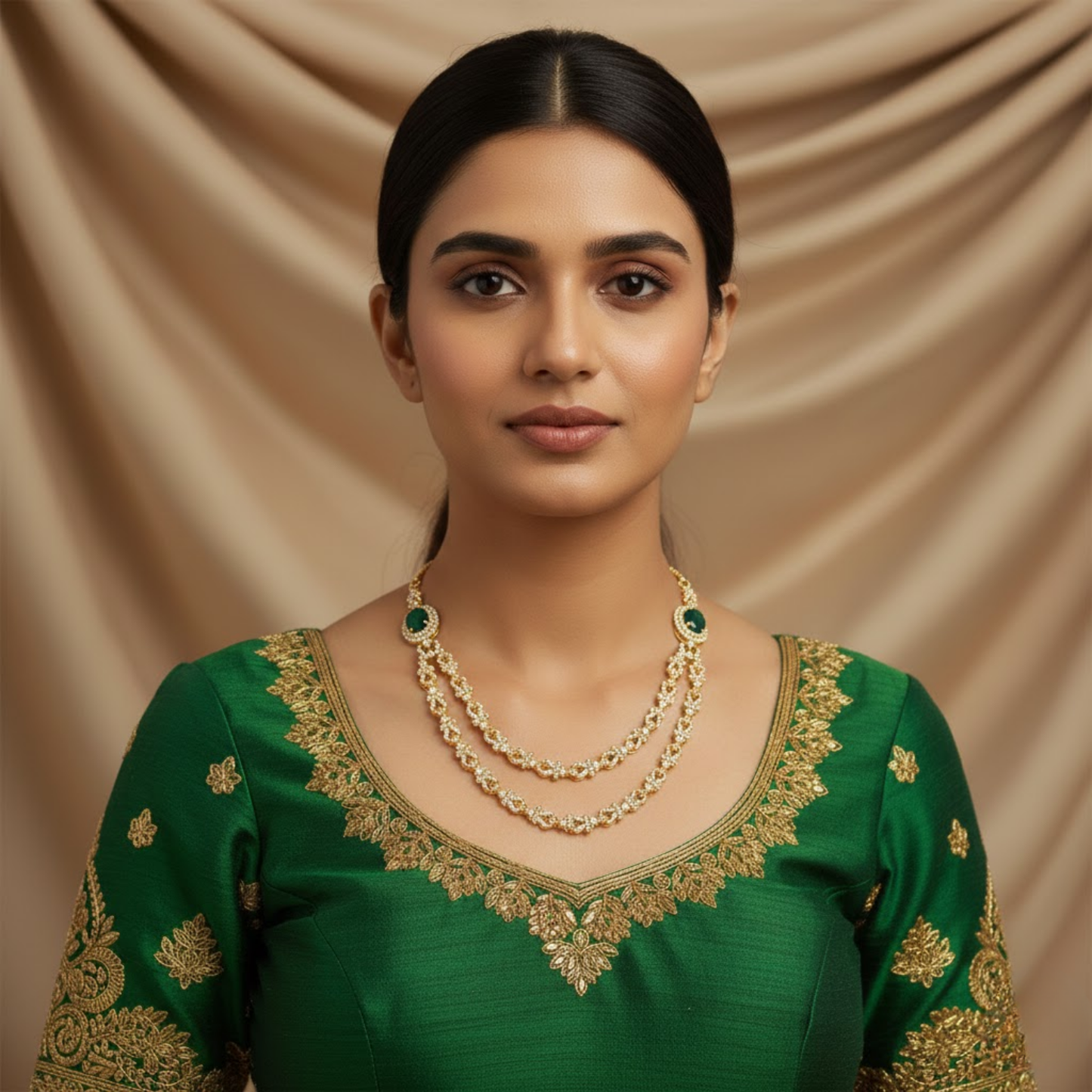 Dual Layer Emerald Color Rani Haar Necklace Set
