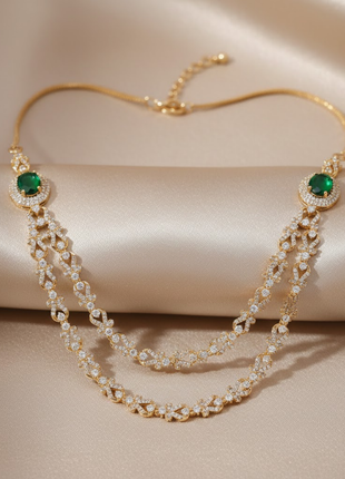 Dual Layer Emerald Color Rani Haar Necklace Set By 2wist Designs