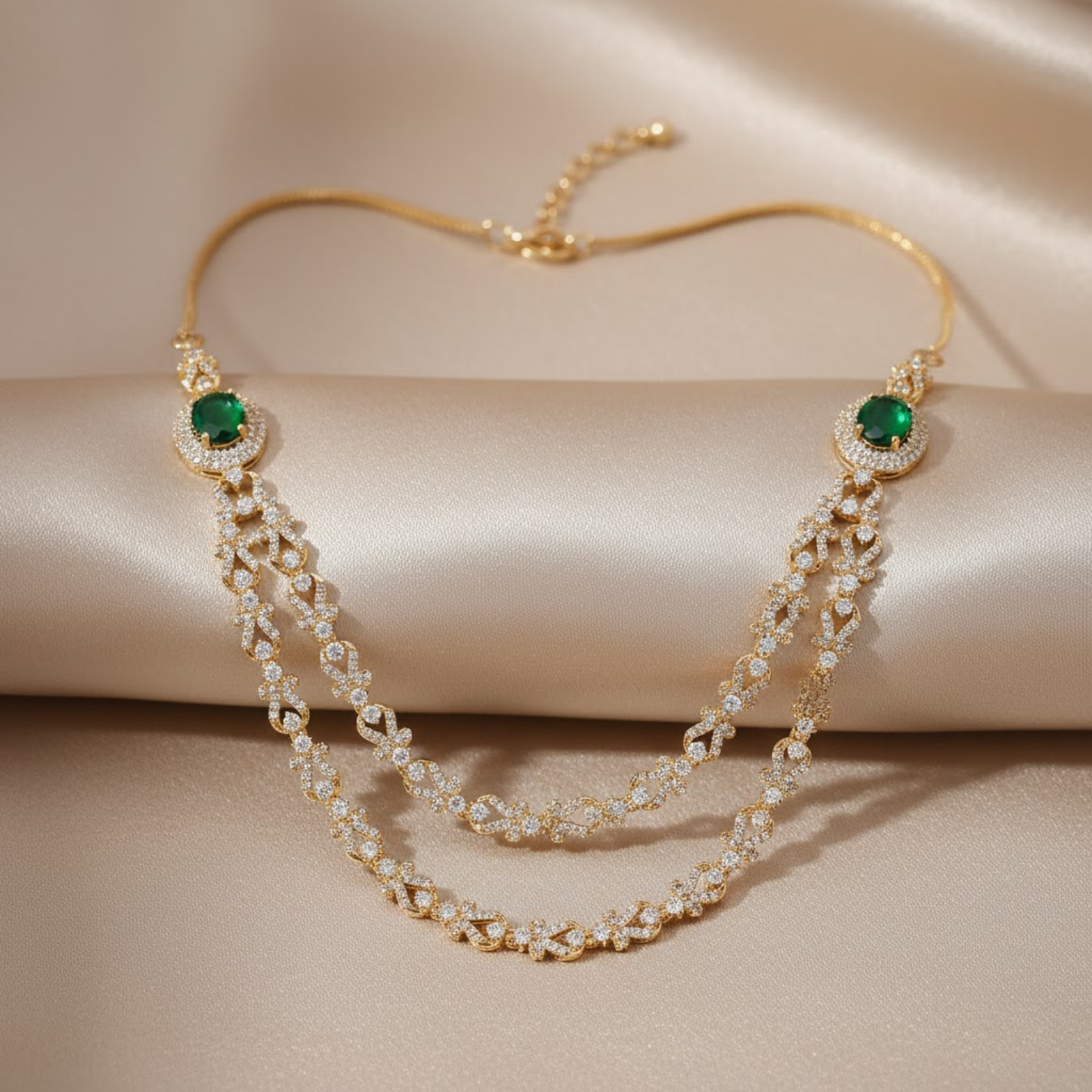 Dual Layer Emerald Color Rani Haar Necklace Set