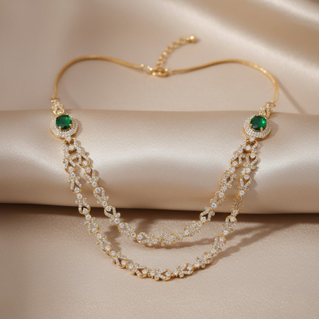 Dual Layer Emerald Color Rani Haar Necklace Set By 2wist Designs