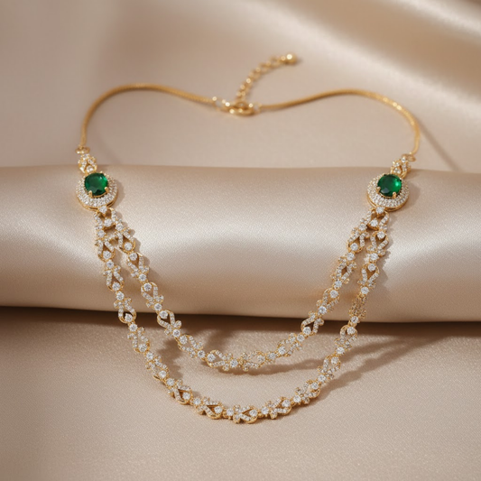 Dual Layer Emerald Color Rani Haar Necklace Set