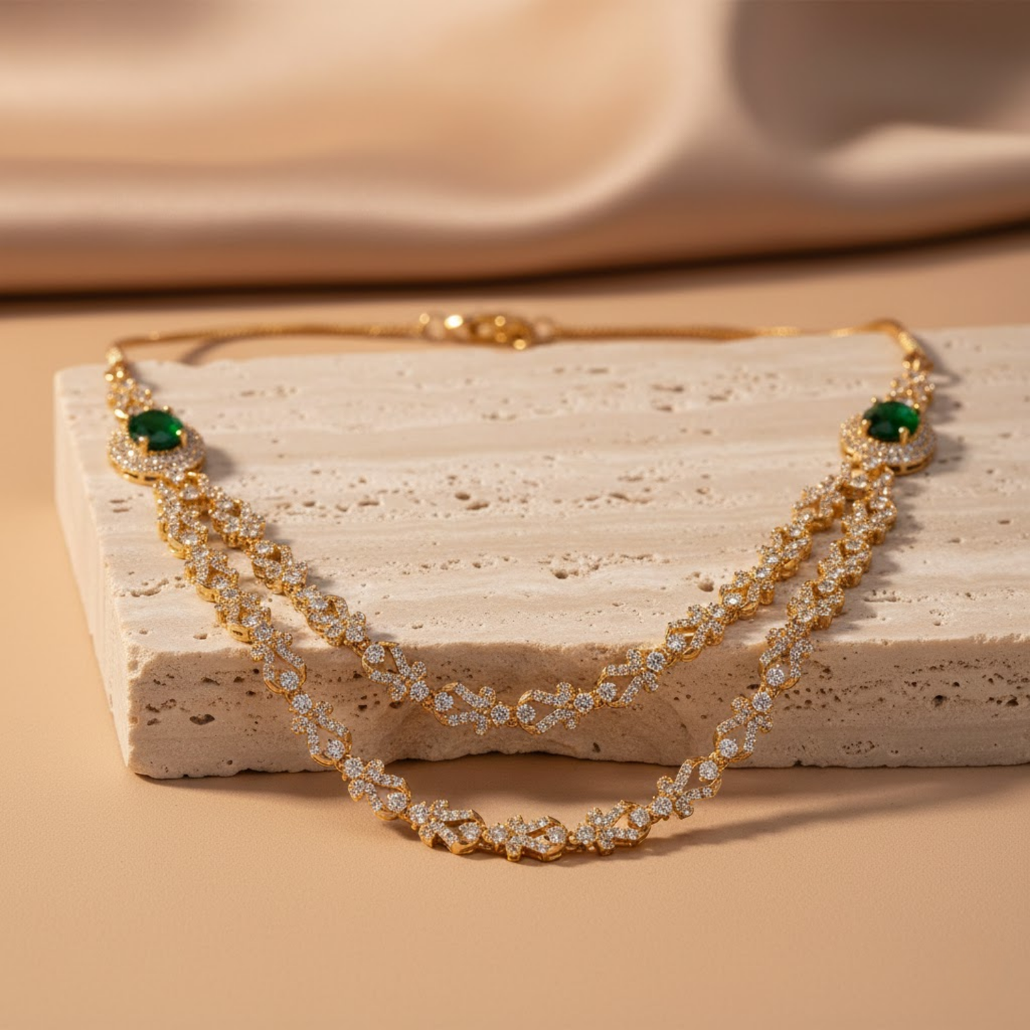 Dual Layer Emerald Color Rani Haar Necklace Set
