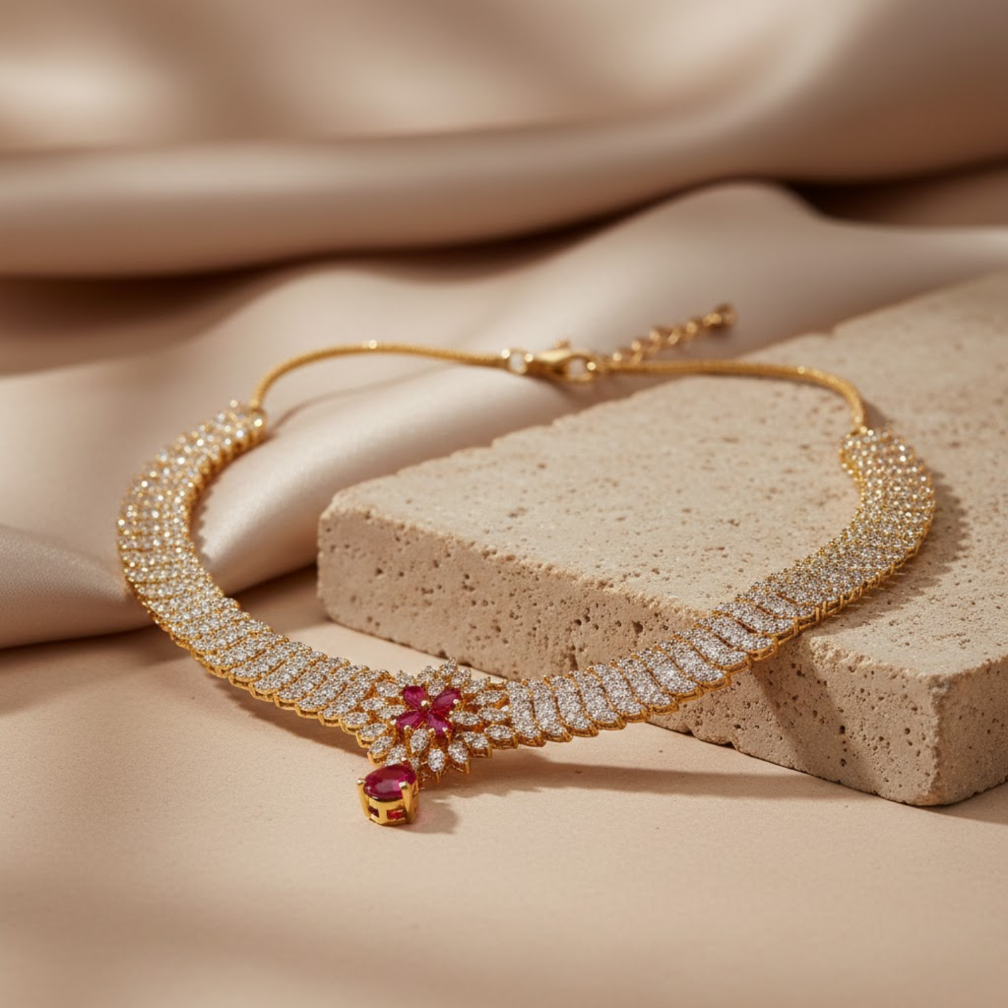 Garnet Color Choker Necklace Set