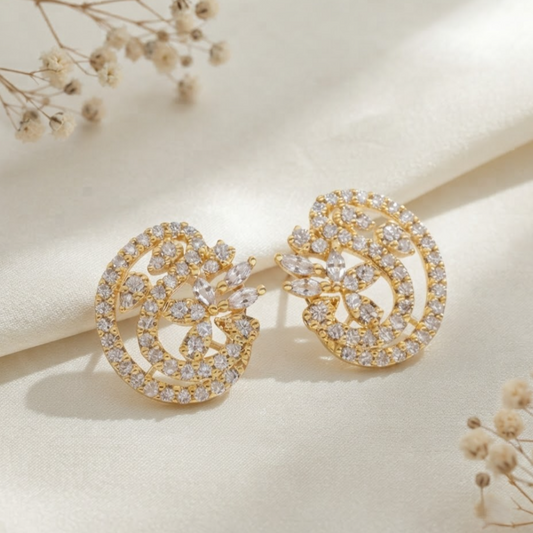Gold Plated Brass Floral Swirl Stud Earrings with Marquise and Pavé Crystals