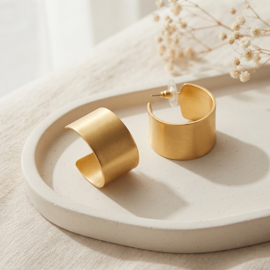 Gold Plated Matte Finish Chunky Wide Open Hoop Earrings for Women