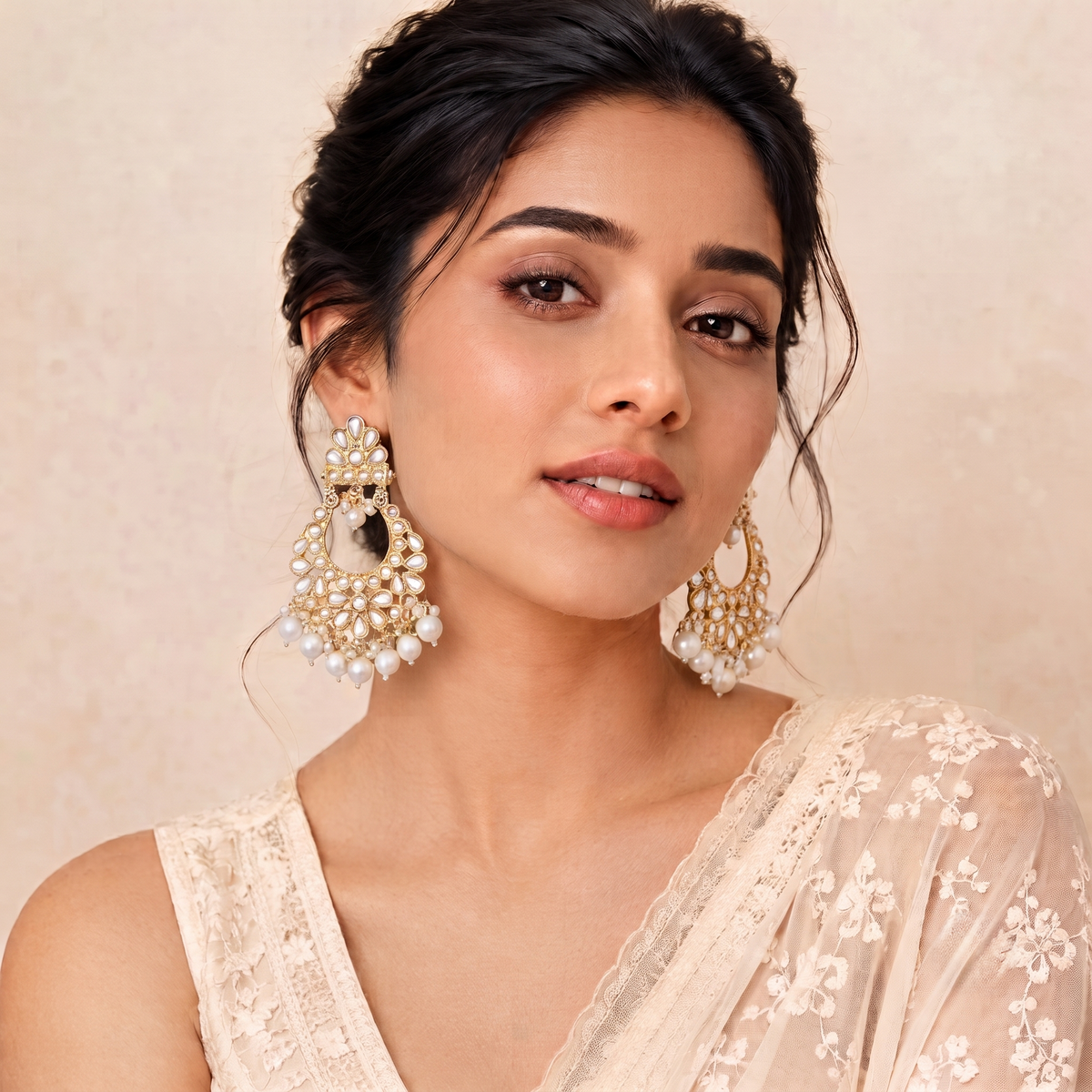 Gold Plated Kundan Chandbali Earrings with Pearls Traditional Drop Jhumka for Women
