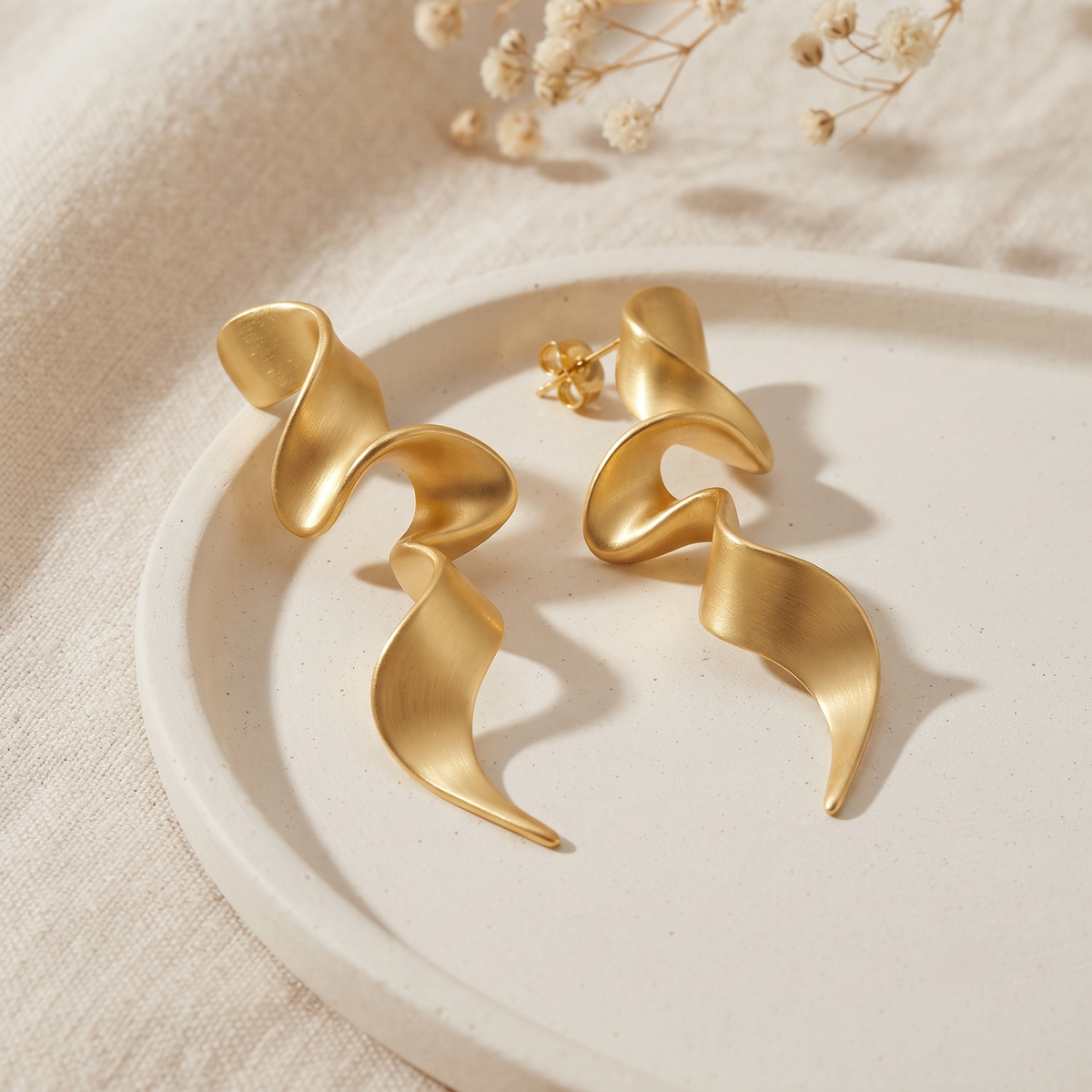 Gold Plated Matte Finish Abstract Ribbon Twist Long Stud Earrings for Women
