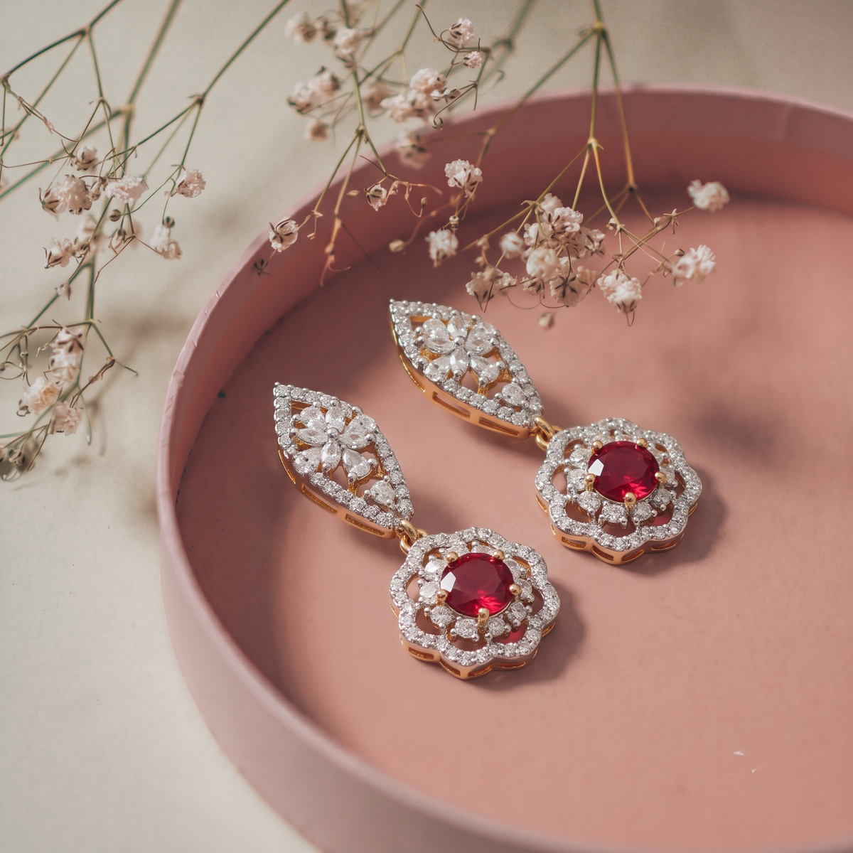 Elegant Royal Pinkish-Red Crystal and American Diamond Flower Hanging Wedding Wear